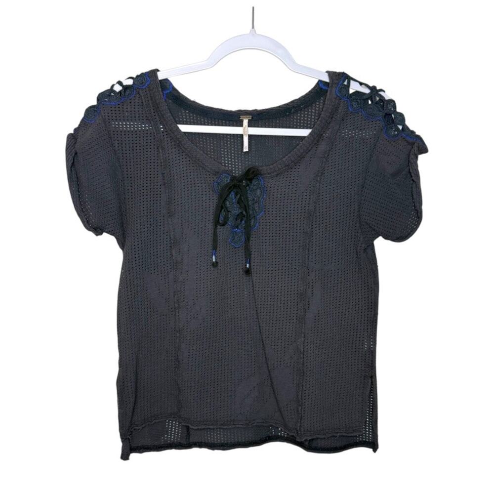 Free People Strawberry Fields Perforated Top Women XS Black Cuffed Sleeves Boho